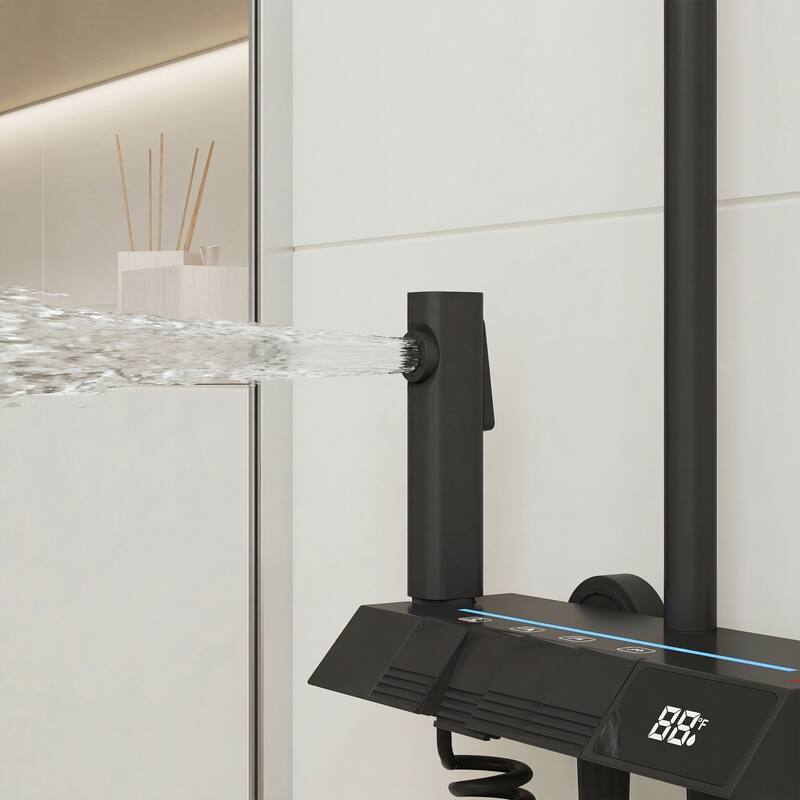 Shower Panel System with LED Digital Display, 4-Button Piano Key Control, 3-Mode Handheld & Rainfall Shower Head