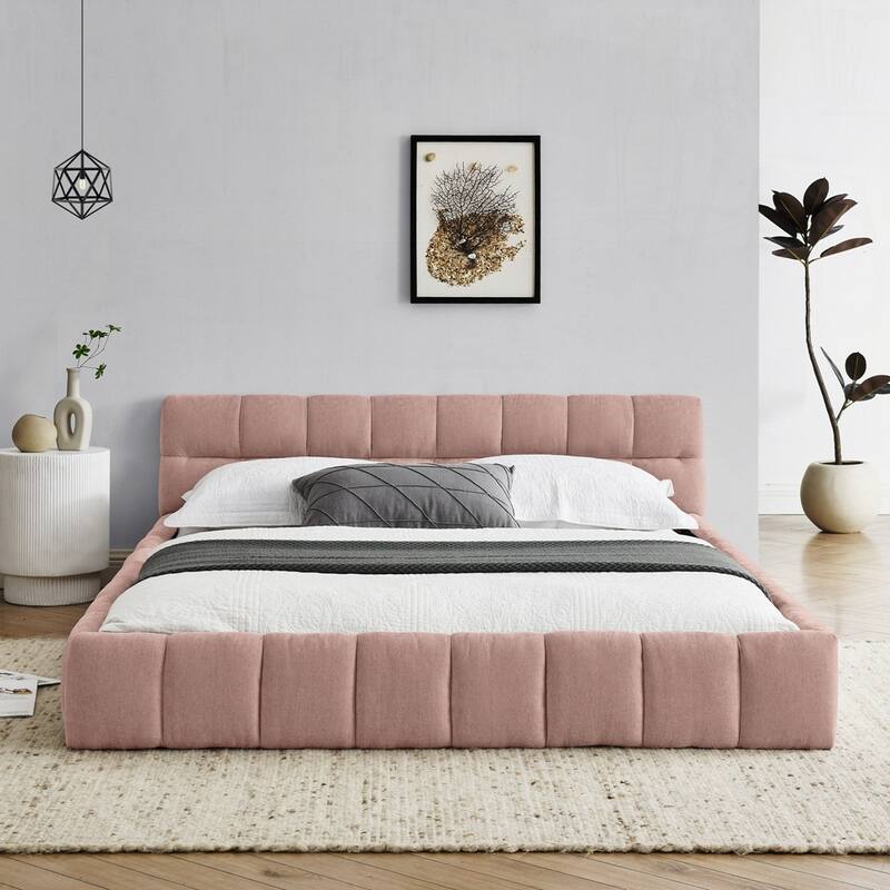 Chenille Fabric Grounded Queen Size Platform Bed with Headboard and Solid Frame