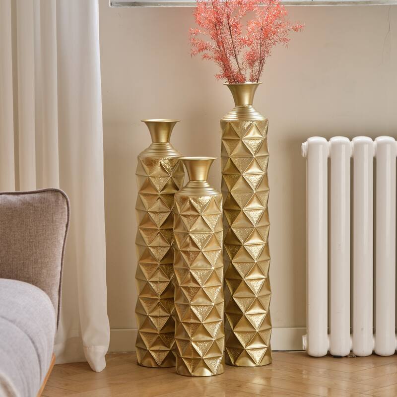Metal decorative vase High Distress Metal center vase with 3D triangle pattern, set of 3 vases for home decoration