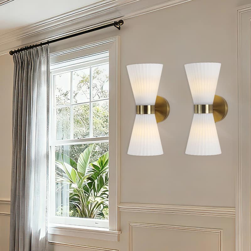 2-Light Modern Brushed Brass & Frosted Glass Wall Sconce (Set of 2) - N/A