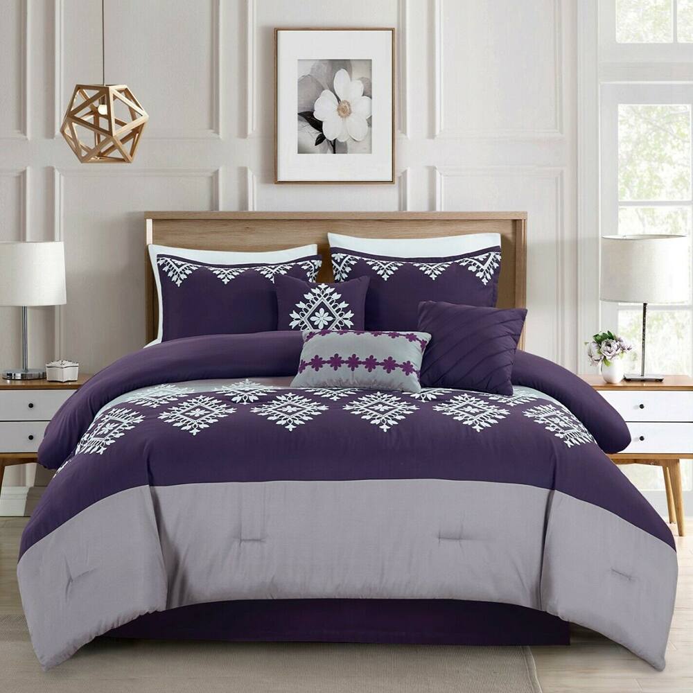 7 Piece Comforter Set Embroidered Design Microfiber Queen Purple Grey Bed Bath & Beyond 35312822