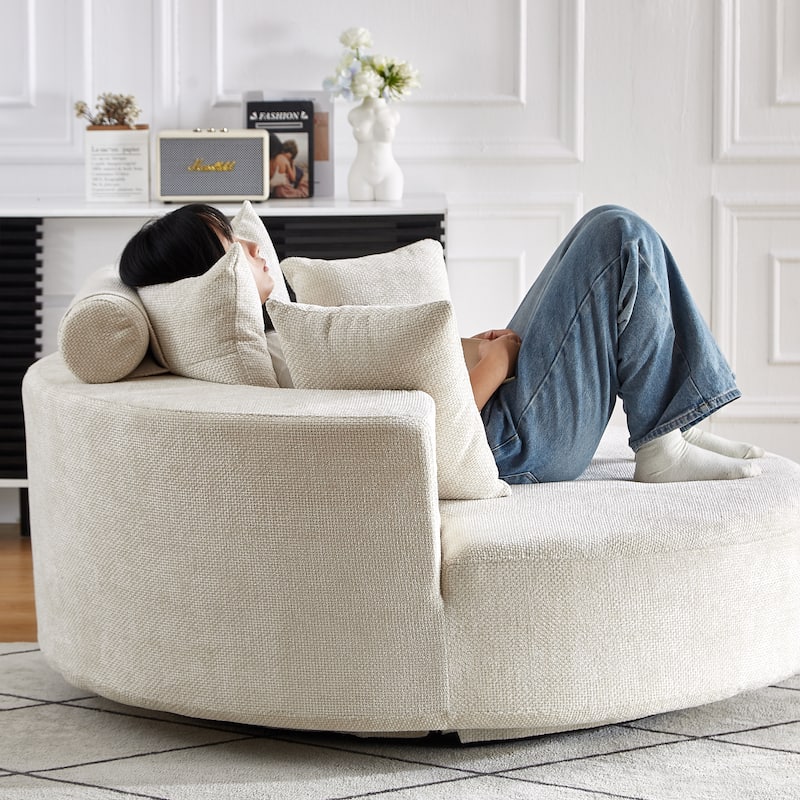 360° Swivel Sofa Chair Chenille Round Single Chaise Lounge with Cylindrical Neck Pillow and Integrated Backrest for Living Room