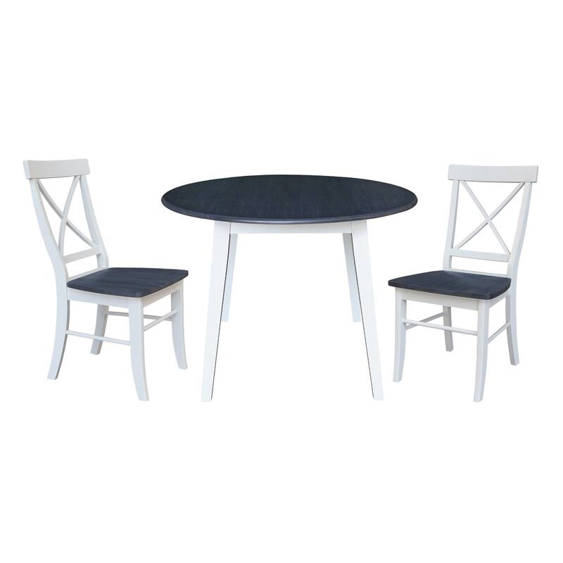 42" Solid Wood Round Dual Drop Leaf Table with Dining Chairs - White/Heather Gray - 3-Piece