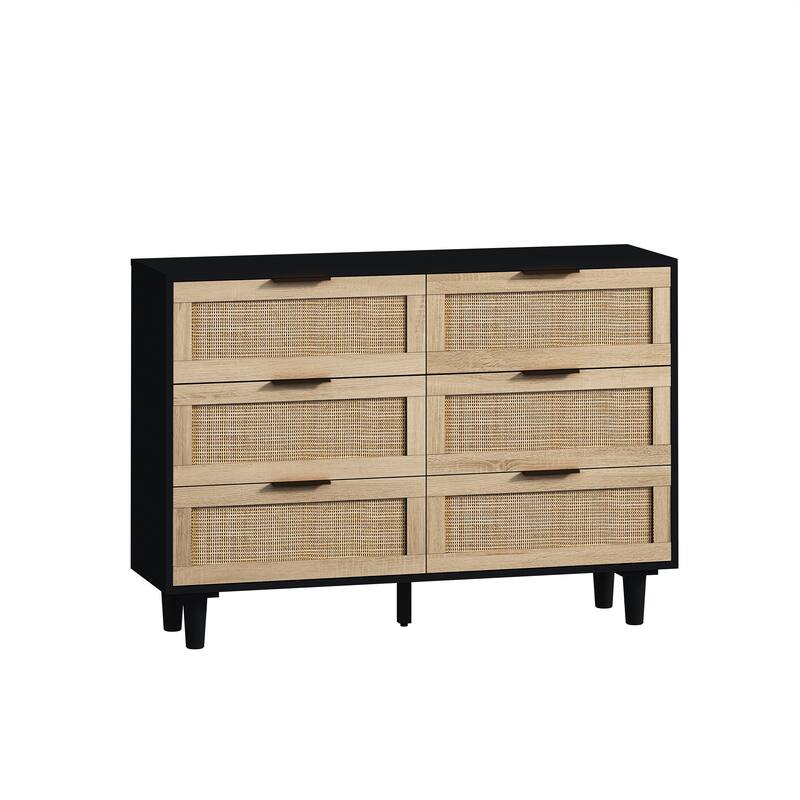 Wood Rattan Dresser with 6 Drawers, Modern Large Storage Cabinet