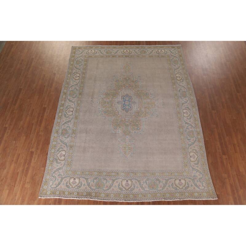 Hand Knotted Oriental 100% Wool Carpet Traditional Medallion Beige & Ivories Tabriz Area Rug - 12' 8'' X 9' 6''