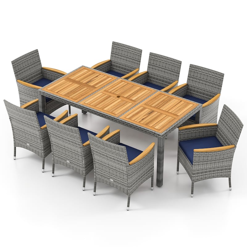 Gymax 9 Pieces Patio PE Wicker Dining Set Outdoor Acacia Wood Table &