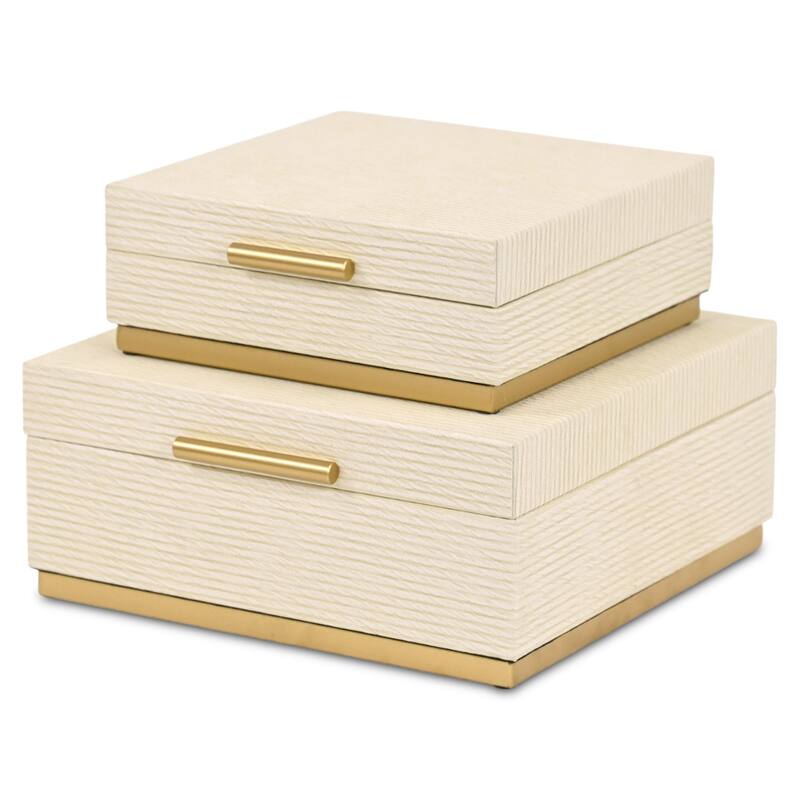 Eira Set of 2 Square Decorative Storage Boxes - Retro Stripe Pattern with Gold Hardware