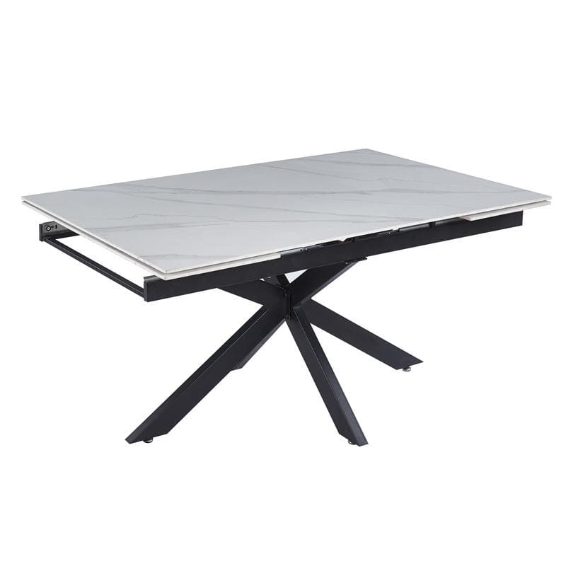 Luvic Extendable Sintered Stone Dining Table - Modern Rectangular Table with Steel Cross-Base - Marbled White