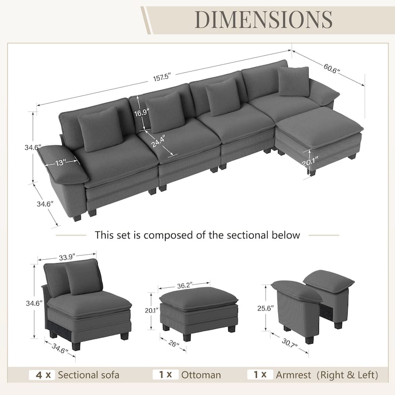 MAISON ARTS Modular Cloud Sectional Sofa, Comfy L- or U-Shaped Couch with Ottomans & Pillows, 4–6 Seat Living Room Sofa