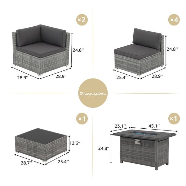 dimension image slide 0 of 9, Outdoor 8 Pieces Sectional Wicker Sofa Set with Fire Pit