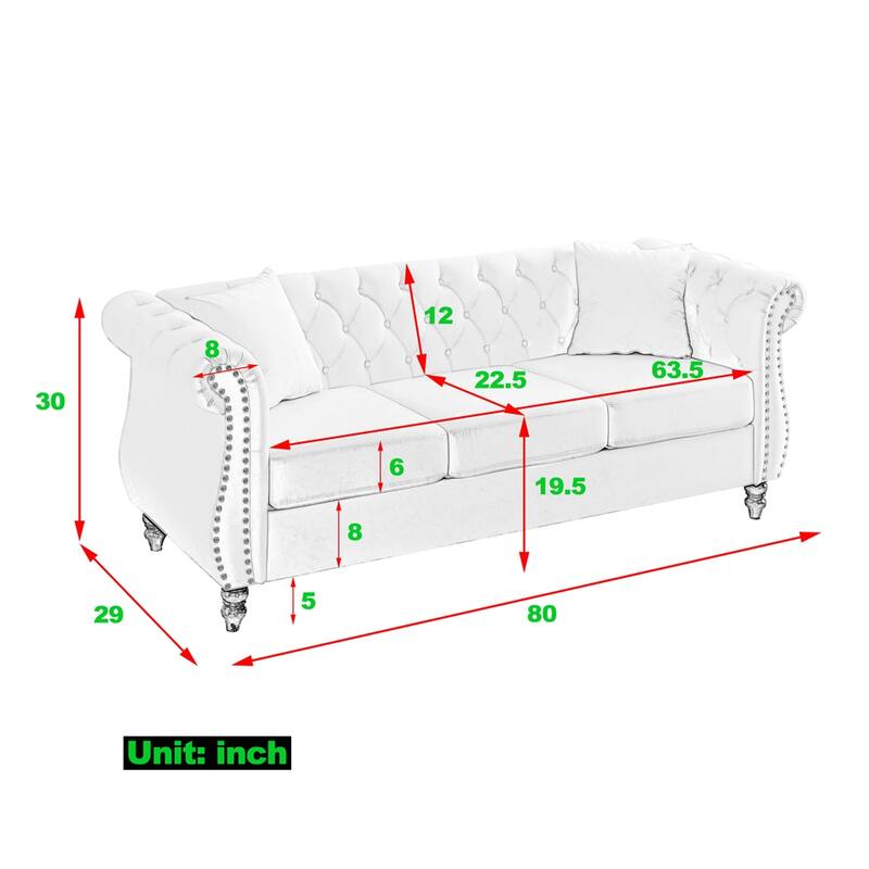 80" 3 Seater Velvet Sofa with Rolled Arms and Two Pillows