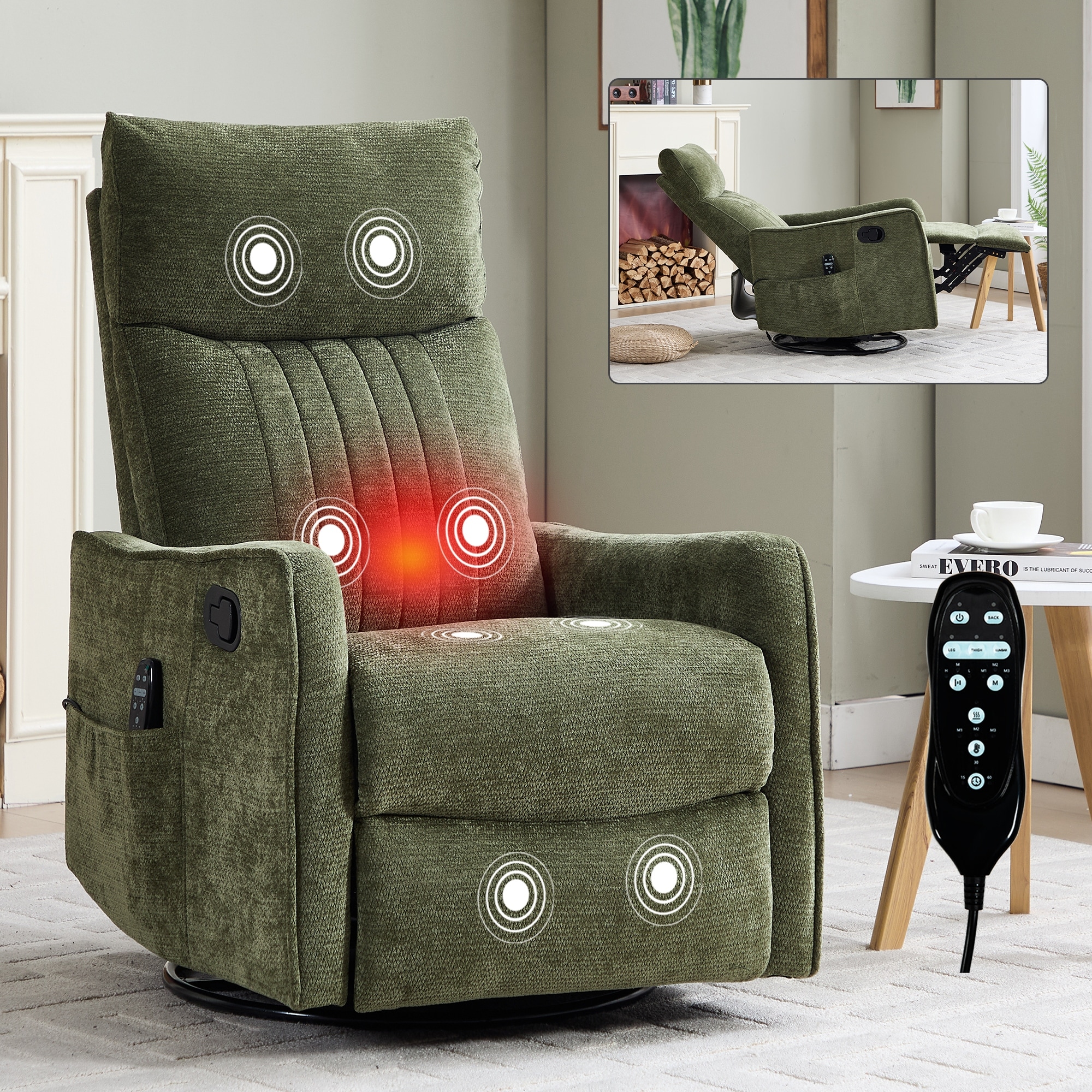 Fabric Recliner Chair with Massage Heat Rocker and 360 Degree Swivel