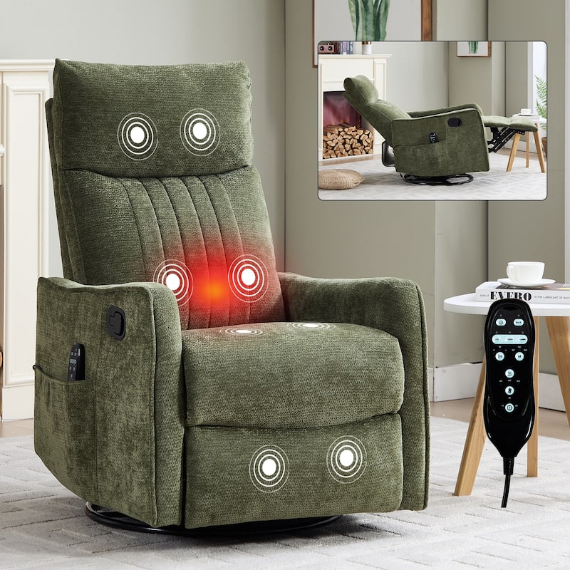 Heat Massage Manual Recliner Chair with Rocker and Swivel in Fabric for Living Room - Antique Green