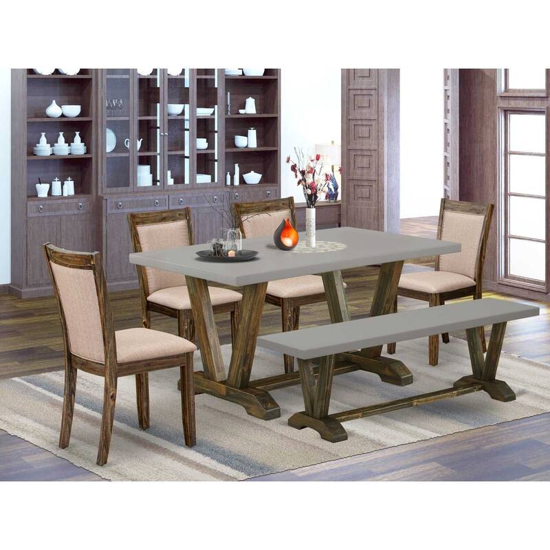 HomeStock 6-Piece Rectangle Distressed Jacobean Finish Solid Wood Top Dining Table with 1-Bench, 4-Chairs