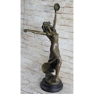 Tambourine Dancer Girl Bronze Sculpture Statue Figure On Marble Base