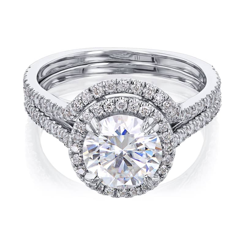Kobelli 1.9 Carats Moissanite and Natural Diamond 14k Solid Gold Halo Near Eternity Contoured Wedding Band 2pc Bridal Set