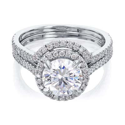 Kobelli 1.9 Carats Moissanite and Natural Diamond 14k Solid Gold Halo Near Eternity Contoured Wedding Band 2pc Bridal Set