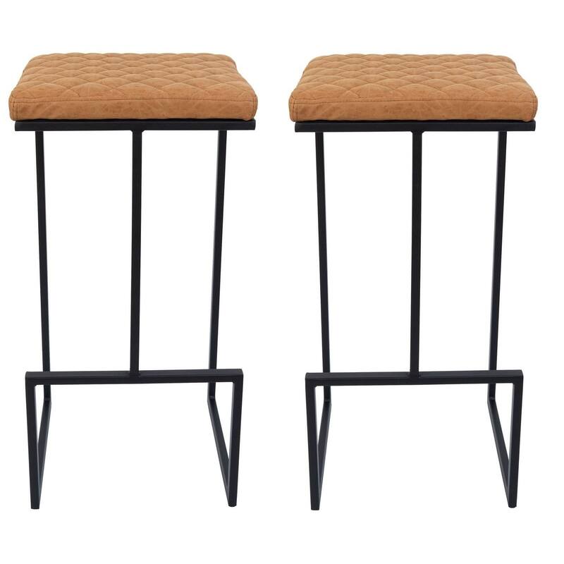 Quincy Leather Quilted Counter Height Barstool (Set of 2) with Upholstered Square Seats & Footrest for Home Bar & Kitchen - Light Brown