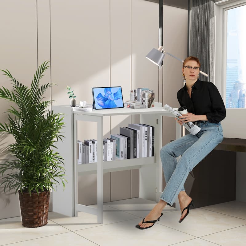 Anmytek 32.6 Inch Folding Desk with Storage Shelf for Small Spaces, White