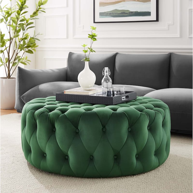 Amour Tufted Button Large Round Performance Velvet Ottoman - Emerald