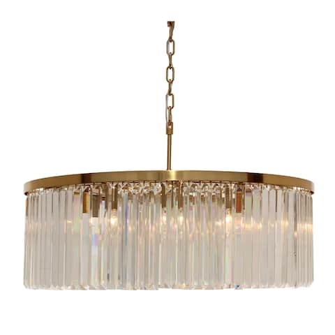 D Angelo 12 Light Round Clear Glass Crystal Prism Chandelier Brass