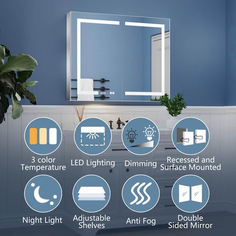 ExBrite LED Lighted Bathroom Medicine Cabinet with Mirror, Recessed or Surface