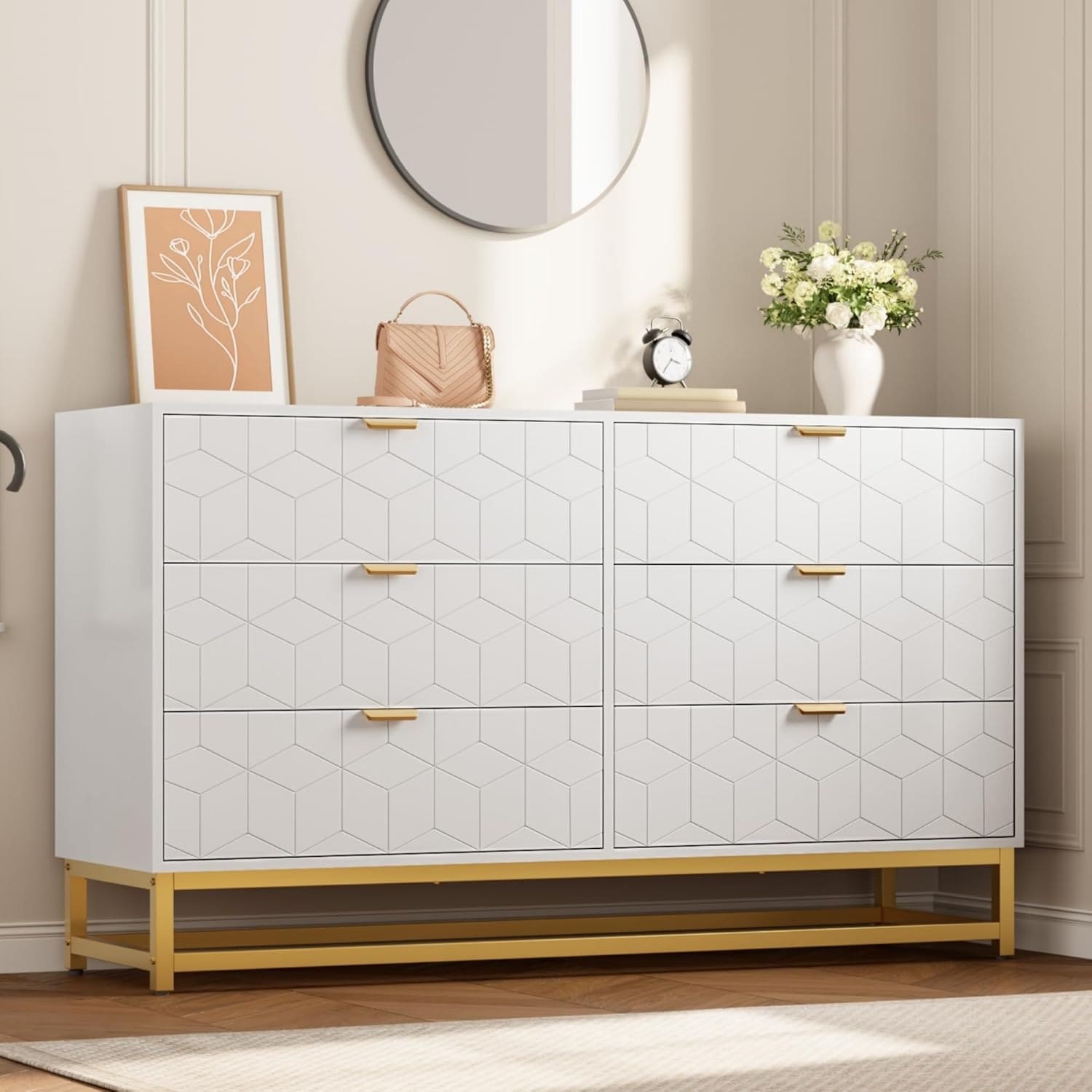 53.5 Inch 6-Drawer Modern Dresser, Wide Chest with Gold Metal Legs & Handles, Storage for Bedroom, Living Room, Hallway, White