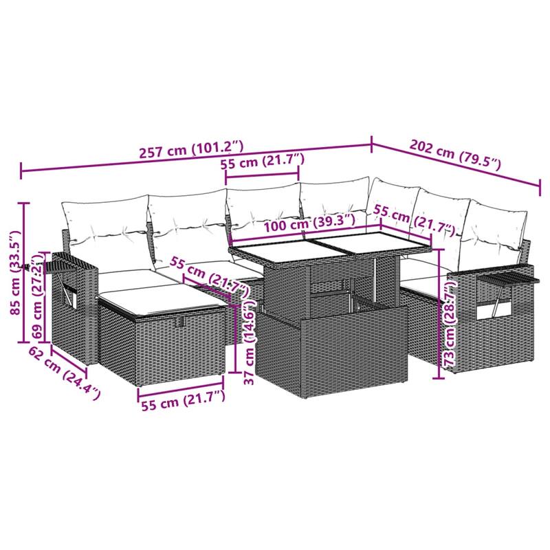 vidaXL Patio Sofa Set with Cushions Outdoor Furniture 8 Piece Poly Rattan - 21.7 x 39.4 x 28.7 in