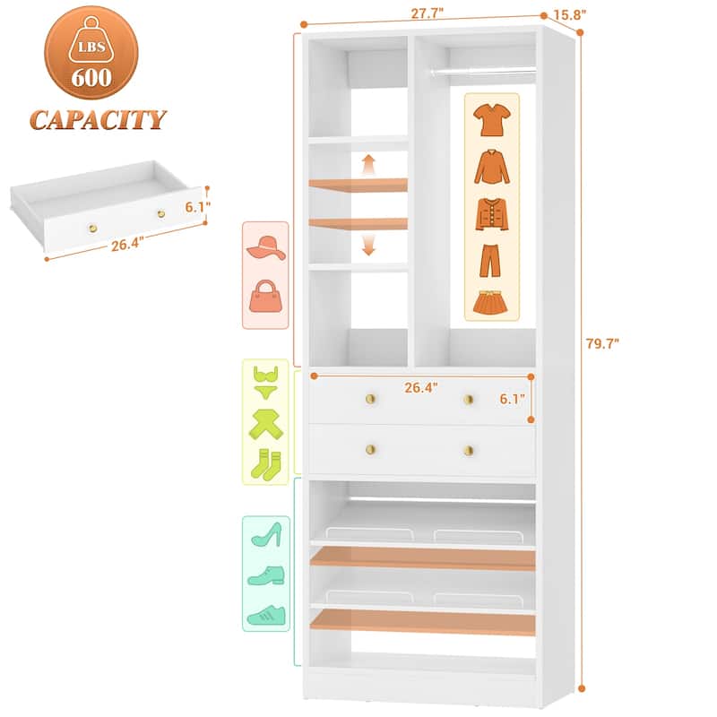 27.7'' Closet Organizer with Shoe Racks and Drawers, Closet System with Hanging Rod and Adjustable Shelves