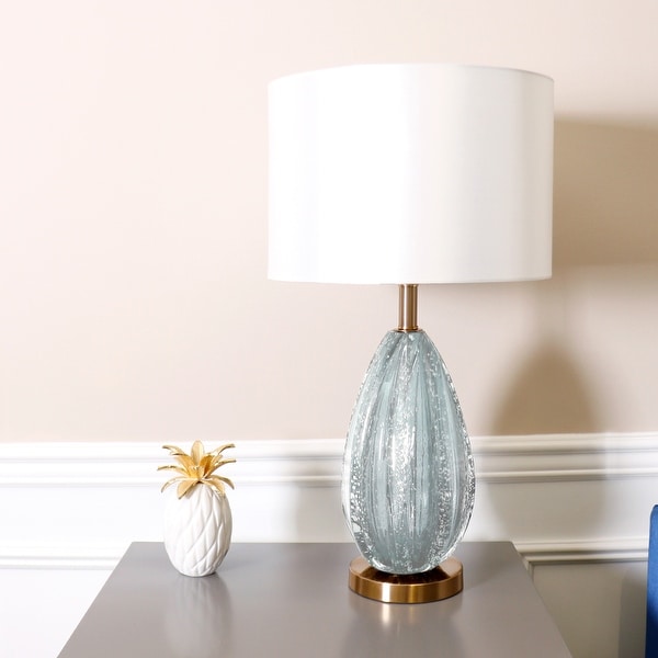 Pasargad Home Felicia Modern Table Lamp, Green Glass & White Shade