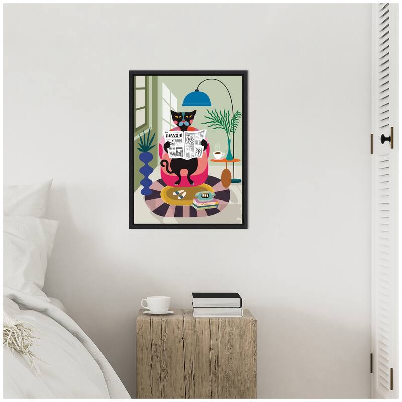 Kate and Laurel Sylvie Black Cat Reading Newspaper Framed Canvas by Rachel Lee