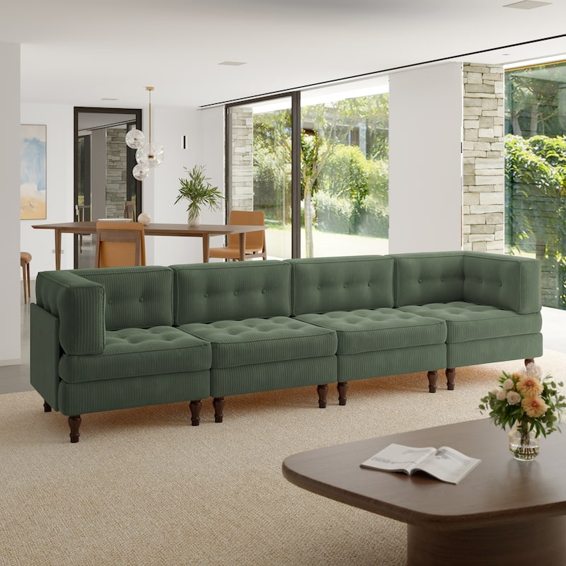Oversized Modular Sectional Corduroy Fabric Tufted Sofa - Green-4 peice - Symmetrical