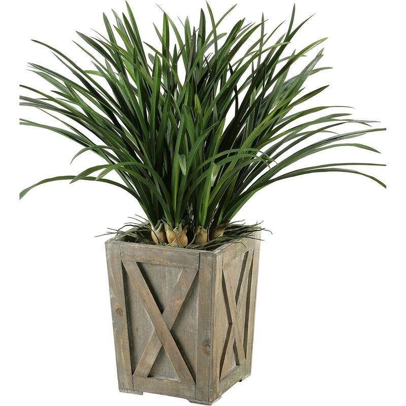 HomeStock Green Areca Grass in Weathered Wooden Planter Box - Decorative Faux Grass for Rustic Flair - 33