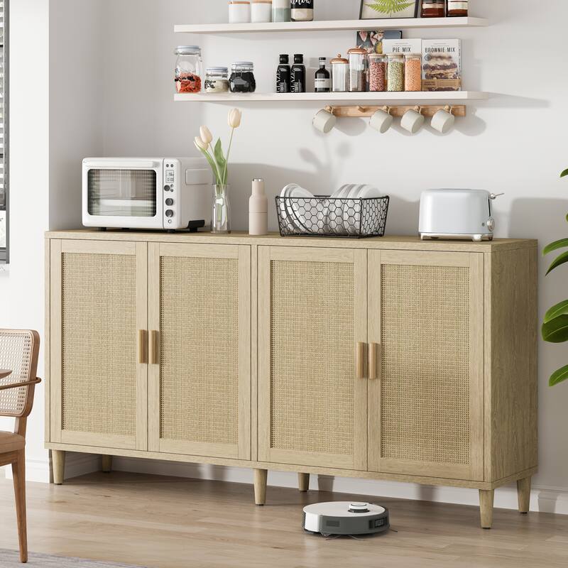 Rattan Sideboard Buffet Cabinet, 70" Storage Cabinet with Adjustable Shelves, Farmhouse Credenza Coffee Bar Cabinets w/ 4 Doors聽