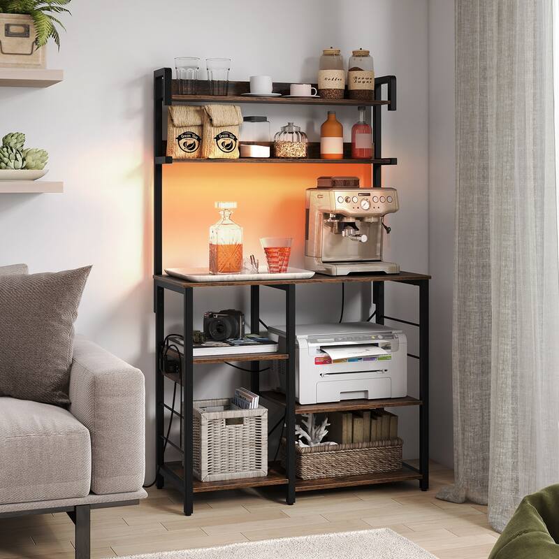 Kitchen Baker’s Rack with Charging Station, LED Light, Coffee Bar Station with Shelves - 35.5" x 16" x 58"