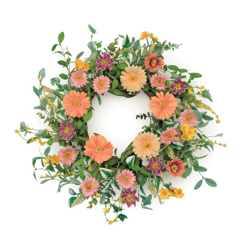 HomeRoots 26" Green Orange And Pink Daisy Artificial Wreath