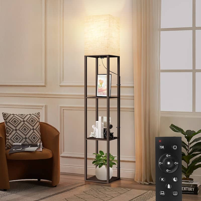 63"Floor Lamp with Shelves,Modern Tall Standing Lamps - N/A - Walnut
