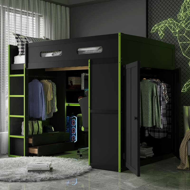 Ultimate Gamer’s Loft Bed with Desk, Storage, and RGB LED Lights by Harper&Bright Designs - Green