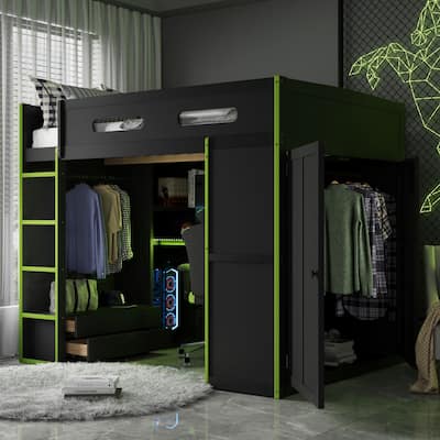 Ultimate Gamer’s Loft Bed with Desk, Storage, and RGB LED Lights by Harper&Bright Designs