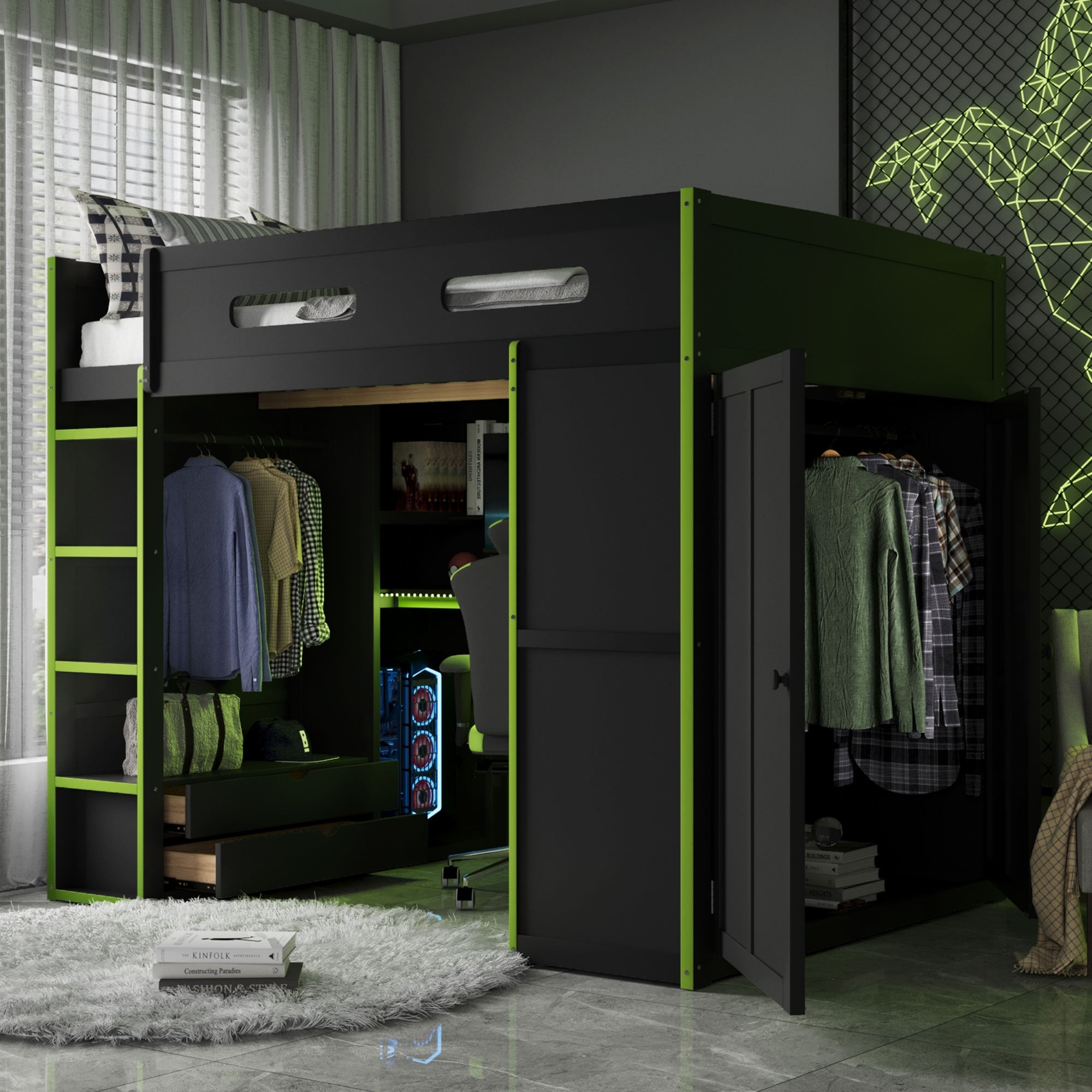 Harper&Bright Designs Ultimate Gamer’s Loft Bed with Desk, Storage, and RGB LED Lights