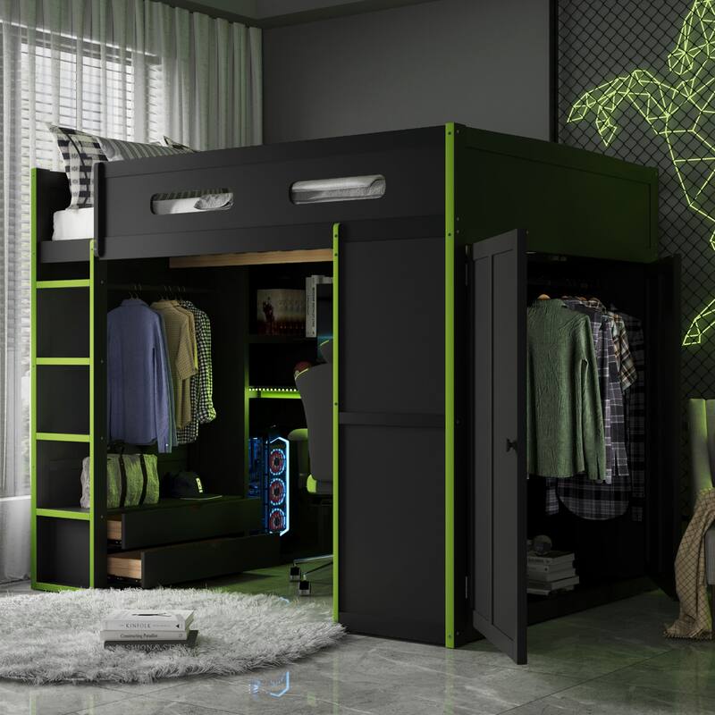 Wooden Full Size Loft Bed, LED Gaming Loft Bed Frame with Built In Desk, Full Size High Loft Bed Frame with Wardrobe and Drawers - Green - Full