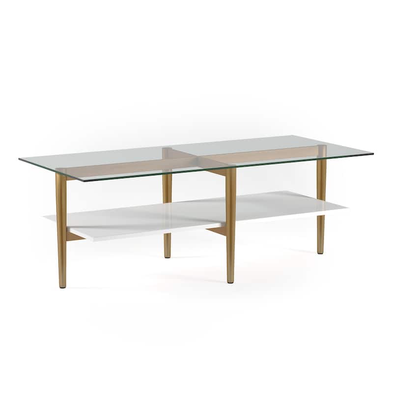 47" Gold Glass Coffee Table with Steel Base and Storage Shelf for Living Room - 47” x 22” x 17” - Gold