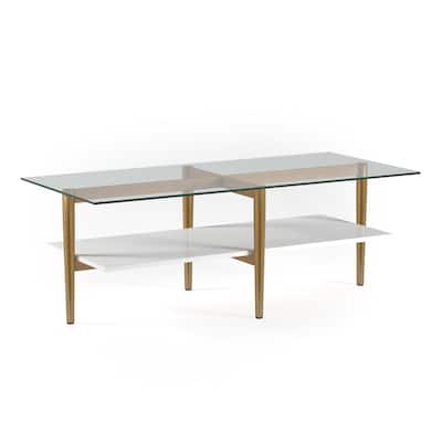 47" Gold Glass Coffee Table with Steel Base and Storage Shelf for Living Room - 47” x 22” x 17”