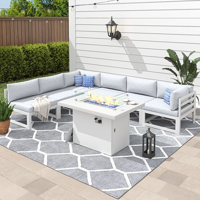 FINCATI 7 Piece Aluminum Outdoor Furniture Set with Propane/Natural Gas Fire Pit Table, 29" Wide Outdoor Sectional Sofa for 6 - Light Gray