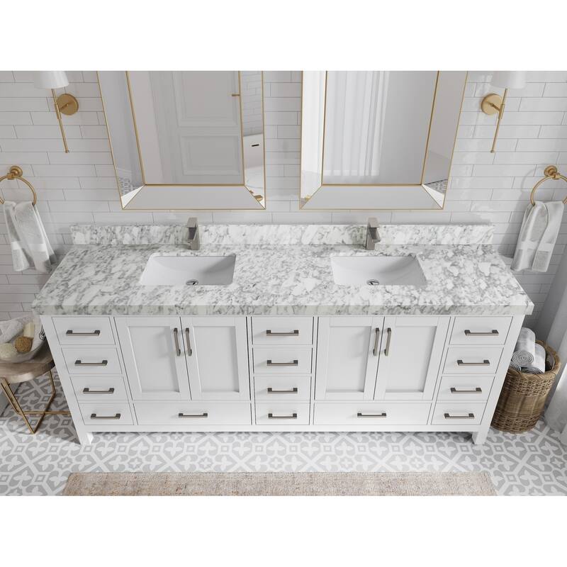 Willow Collection 84 in. W x 22 in. D Malibu Double Sink Bathroom Vanity with Countertop - 2" Carrara Marble - White