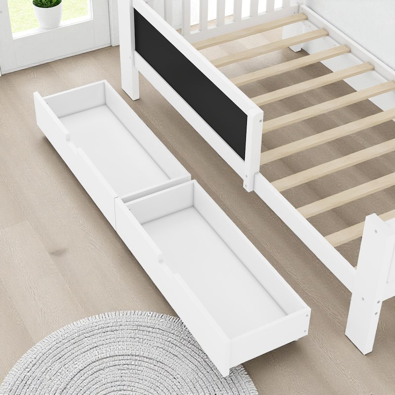 Twin/Full Solid Wood Platform Bed with Chalkboard Headboard, Storage Drawers and Shelves, Space-Saving Kids Bed
