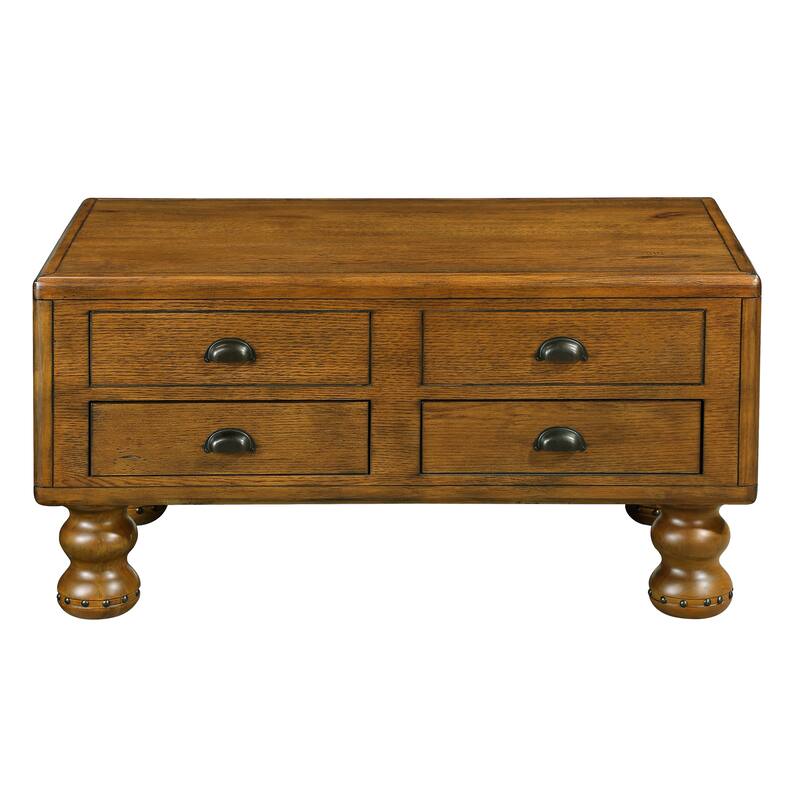 Antique Color Solid Wood Rectangle Coffee Table - Center Table with 4 Drawers