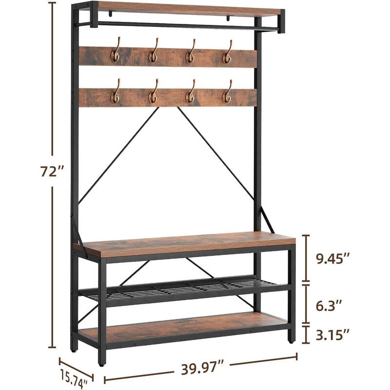 4-in-1 Entryway Bench with Coat Rack with 8 Hooks and 3-Tier Storage Shelf