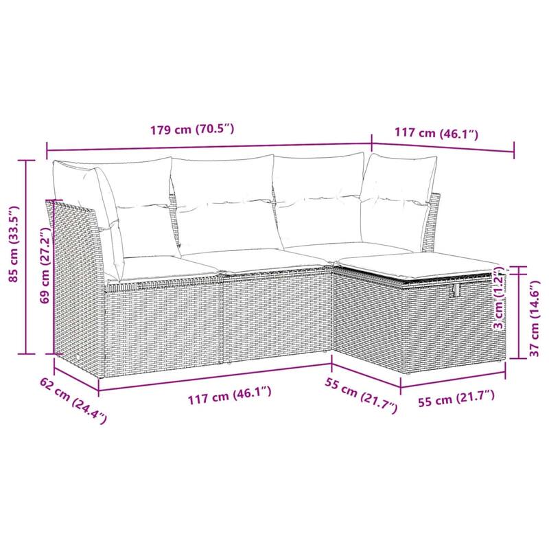 vidaXL Patio Sofa Set with Cushions Outdoor Furniture 4 Piece Poly Rattan