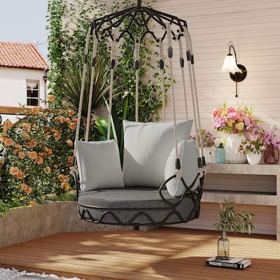 Outdoor Porch Swing Chair Hanging Basket, Hanging Chair with UV Resistant Cushion, Olefin Fabric for Patio Porch